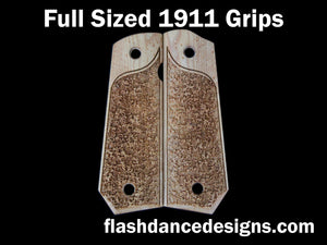 Maple bobbed full sized 1911 grips laser engraved with a partial stipple design