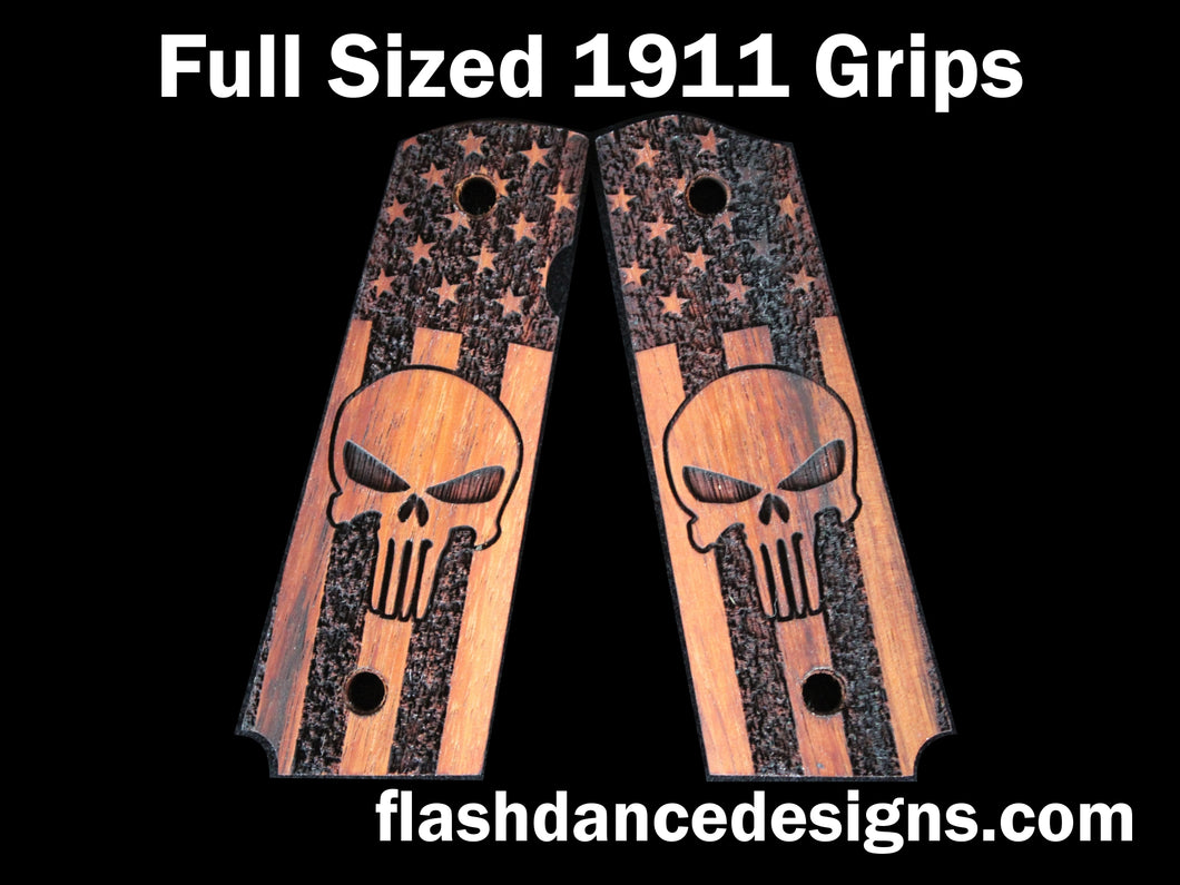 Walnut full sized 1911 grips laser engraved with the Punisher skull over a stippled US flag