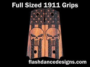 Walnut full sized 1911 grips laser engraved with the Punisher skull over a stippled US flag