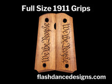 Load image into Gallery viewer, Full sized 1911 grips made from Caribbean walnut and laser engraved with We the People
