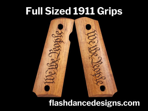 Full sized 1911 grips made from Caribbean walnut and laser engraved with We the People