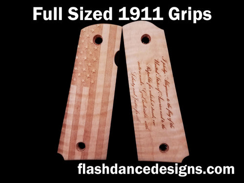 Maple full sized 1911 grips laser engraved with a US Flag and the Pledge of Allegiance