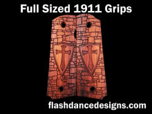 Load image into Gallery viewer, Walnut full sized 1911 grips laser engraved with a crusader shield over a castle wall background
