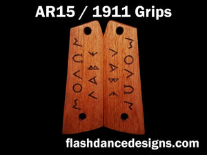 Walnut AR 1911 grips laser engraved with Greek text for Molon Labe