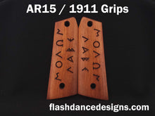 Load image into Gallery viewer, Rosewood AR 1911 grips laser engraved with Greek text for Molon Labe

