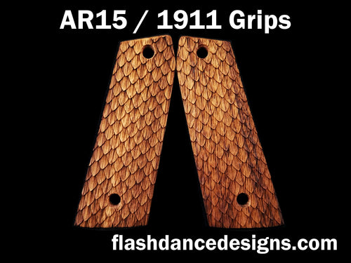 Zebrawood AR 1911 grips laser engraved with three-dimensional snake scales