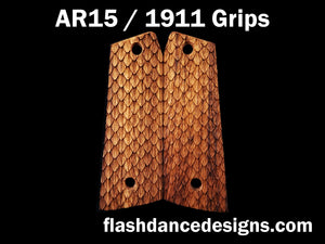 Zebrawood AR 1911 grips laser engraved with three-dimensional snake scales