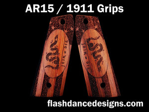 Walnut AR 1911 grips laser engraved with the Join or Die design over a stippled colonial US flag
