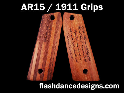 Walnut AR 1911 grips laser engraved with a US Flag and the Pledge of Allegiance