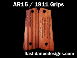 Walnut AR 1911 grips laser engraved with a US Flag and the Pledge of Allegiance