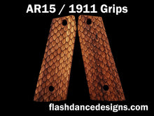 Load image into Gallery viewer, Zebrawood AR 1911 grips laser engraved with three-dimensional snake scales
