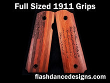 Load image into Gallery viewer, Walnut full sized 1911 grips laser engraved with a US Flag and the Pledge of Allegiance
