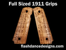 Load image into Gallery viewer, White oak full sized 1911 grips laser engraved with one of our favorite whiskey labels
