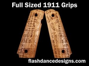 White oak full sized 1911 grips laser engraved with one of our favorite whiskey labels