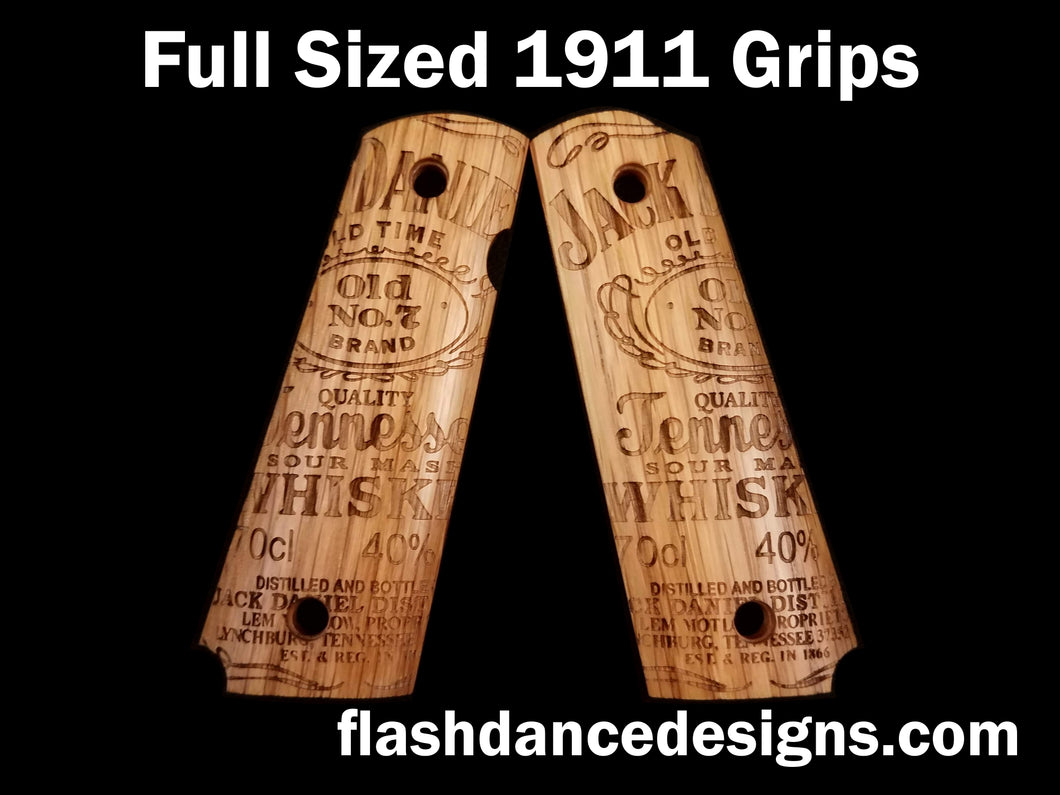 White oak full sized 1911 grips laser engraved with one of our favorite whiskey labels