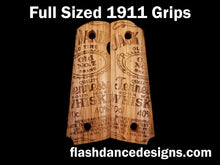 Load image into Gallery viewer, White oak full sized 1911 grips laser engraved with one of our favorite whiskey labels
