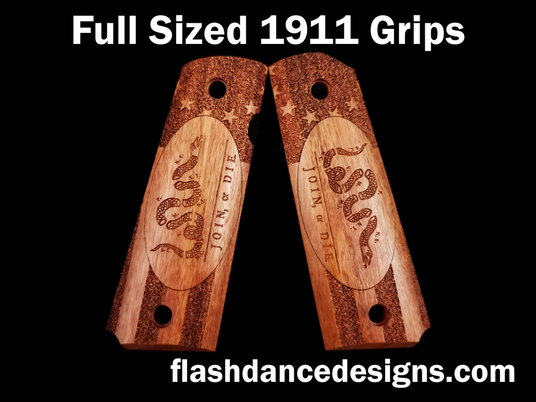 Rosewood full sized 1911 grips laser engraved with a stippled Colonial American flag in the background and Join or Die in the center