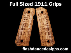White oak full sized 1911 grips laser engraved with one of our favorite whiskey labels