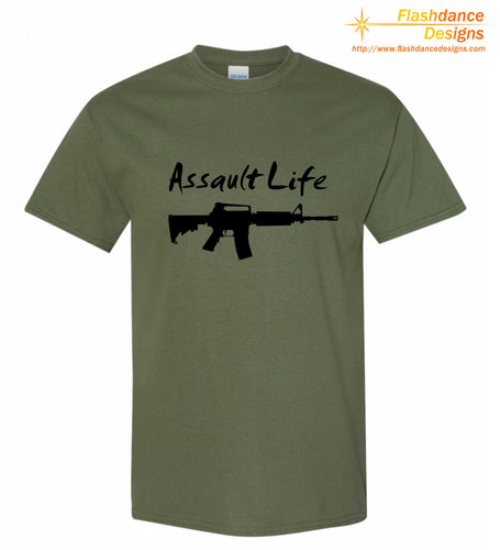 Silhouette of one of several modern military style rifles with the words Assault Life written above all printed on a men's/unisex heavy cotton tee. Available in multiple color combinations.