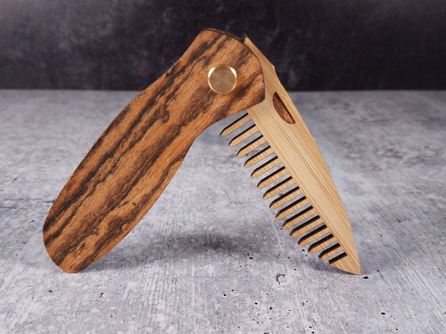 Folding tactical beard comb with a bocote handle and bamboo ply blade
