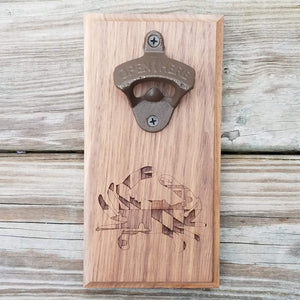Hardwood bottle opener measuring 4" x 8", laser engraved with a blue crab and Maryland flag design. The bottle opener includes a rare earth magnet to hold bottle caps.