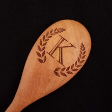 Load image into Gallery viewer, Beech wood spoon laser engraved with a customizable monogram and wreath
