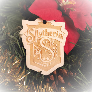 Laser engraved birch Christmas ornament with the Harry Potter Hogwarts House crest of Slytherin. Add custom engraved text to the back for a personalized touch.