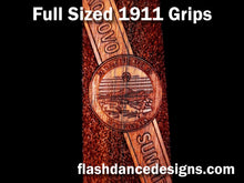 Load image into Gallery viewer, Custom laser engraved 1911 grips in Caribbean walnut - detail
