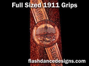 Custom laser engraved 1911 grips in Caribbean walnut - detail