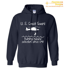 US Coast Guard Natural Selection design features a GC helicopter rescuing a stick figure from an angry sea. Design printed on men's/unisex heavy cotton hoodie. White print on navy hoodie