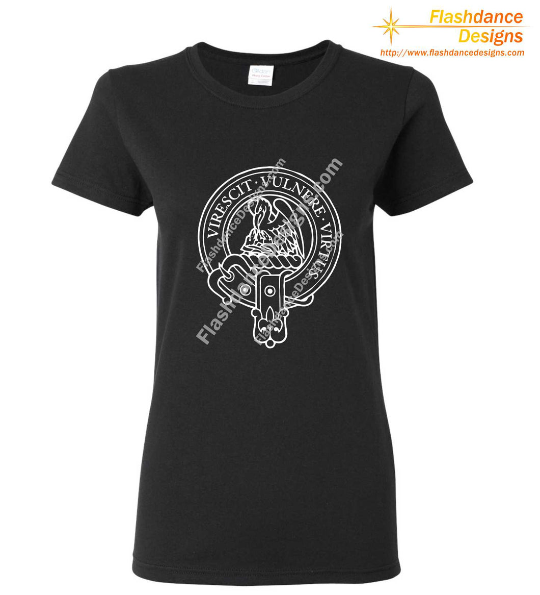 Scottish Clan Crest heavy cotton tee in a ladies' fit, showing the Stewart crest in white on a black shirt. Other available clans include Akins, Cambell, Comyn, Cumming, Farquharson, Fraser, MacGregor, MacKinnon, MacKintosh, Macmillan, Montgomery and Ramsay.