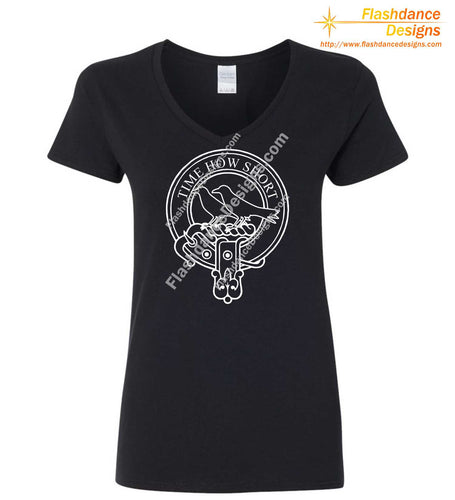 Scottish Clan Crest heavy cotton tee in a v-neck ladies' fit, showing the Akins crest in white on a black shirt. Other available clans include Cambell, Comyn, Cumming, Farquharson, Fraser, MacGregor, MacKinnon, MacKintosh, Macmillan, Montgomery, Ramsay and Stewart.