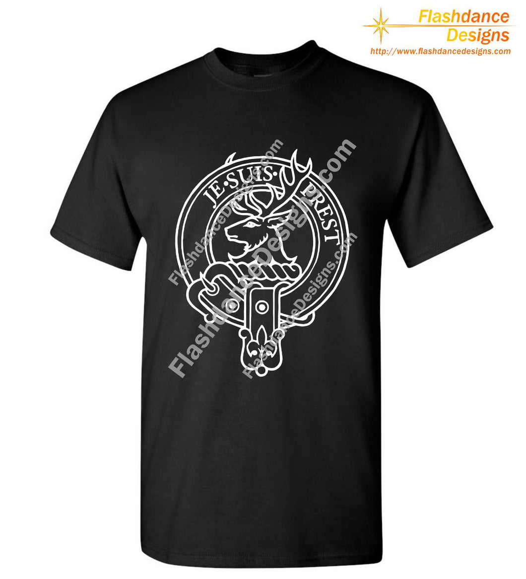 Scottish Clan Crest heavy cotton tee in a unisex / men's fit, showing the Fraser crest in white on a black shirt. Other available clans include Akins, Cambell, Comyn, Cumming, Farquharson, MacGregor, MacKinnon, MacKintosh, Macmillan, Montgomery, Ramsay and Stewart.