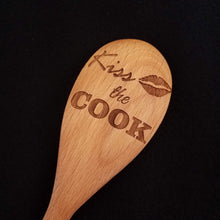 Load image into Gallery viewer, Beech wood spoon laser engraved with Kiss the Cook and a lip design
